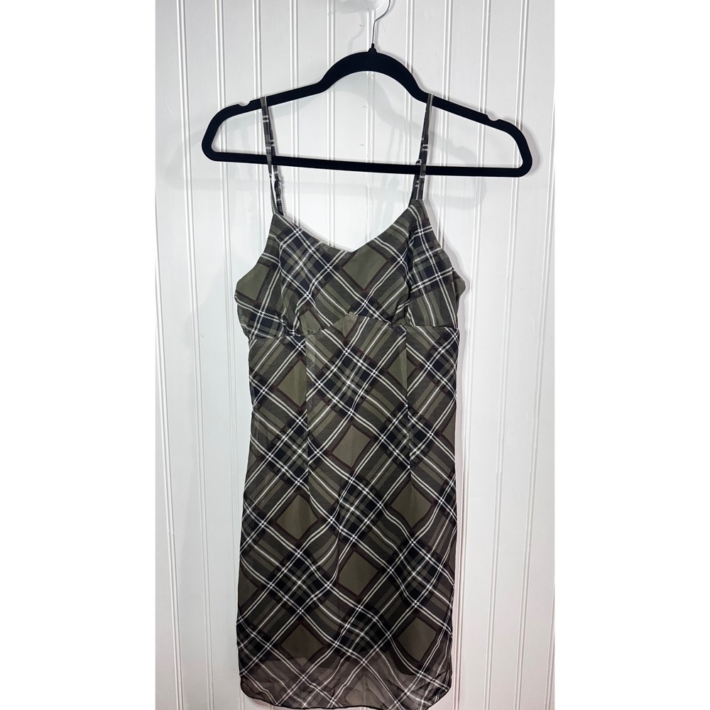 Dazy Olive Green Plaid Mini Dress Adjustable Spaghetti Strap 90s Style Size S